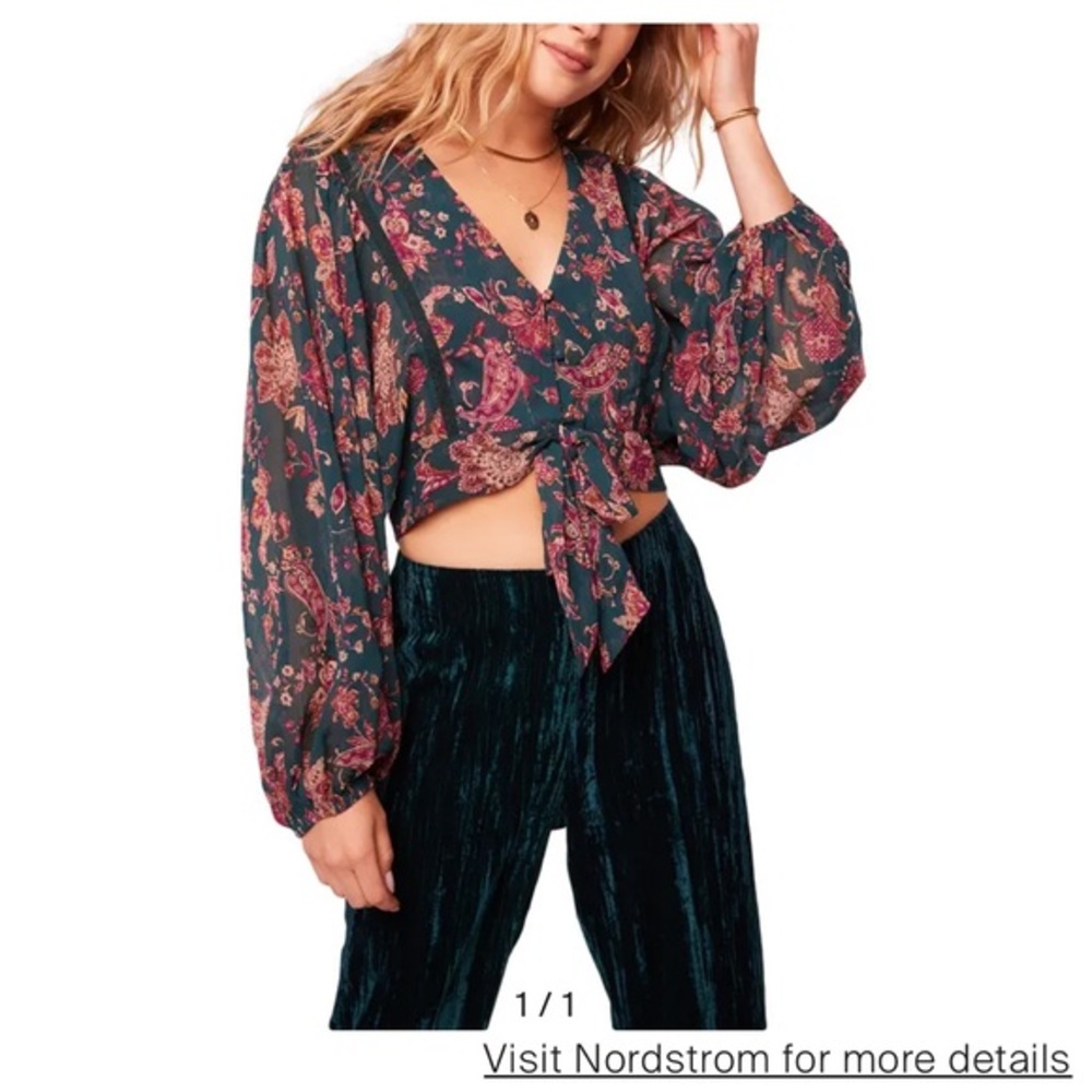 Band Of The Free River Deep Pine Paisley Tie Front Crop Top Small Cottagecore